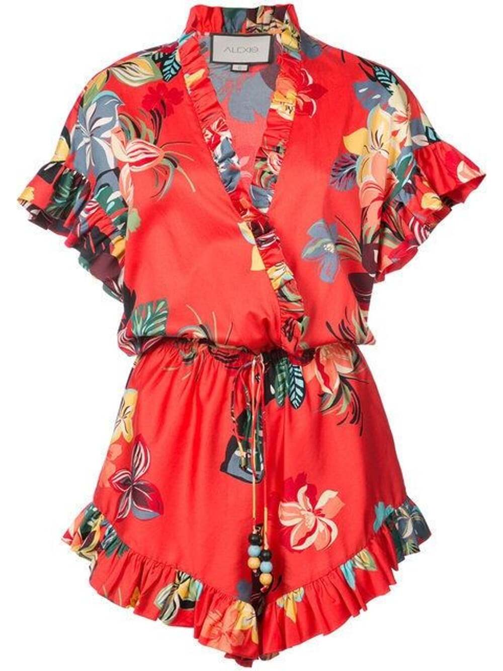 Alexis Faine Floral Print V-Neck Ruffle Cotton Romper Red